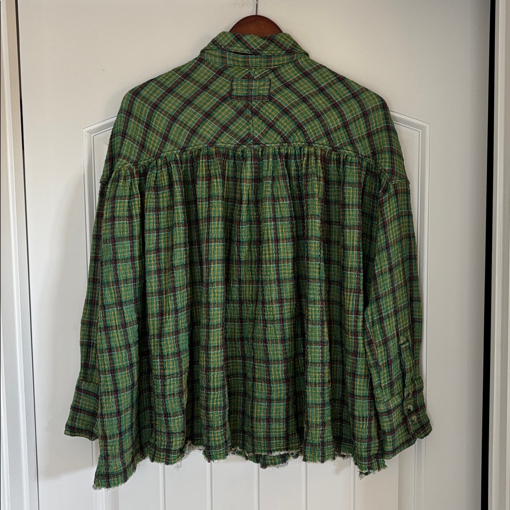 Free People We The‎ Free Cardiff Oversized Gauze Shirt Green Plaid Women’s XS - Picture 14 of 16